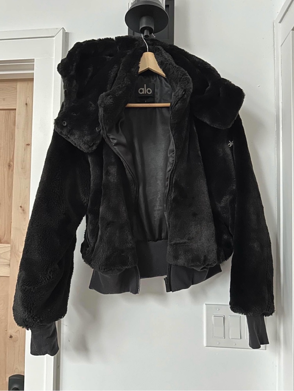 ALO Yoga Black Faux Fur Hooded Bomber Jacket